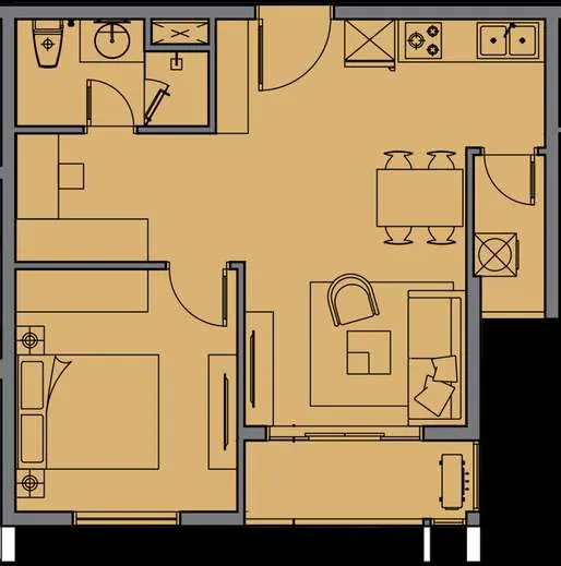 Layout căn A1 — 1 phòng ngủ, diện tích 52,2 m²