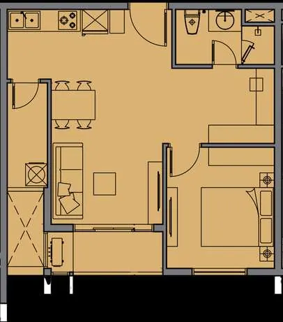 Layout căn A2 — 1 phòng ngủ, diện tích 52,6 m²