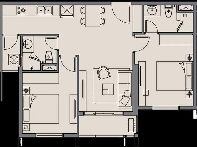 Layout căn B1 — 2 phòng ngủ, 70,4 m²