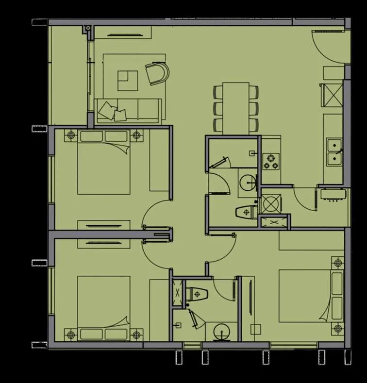 Layout căn D1 — 3 phòng ngủ, 92,0 m²