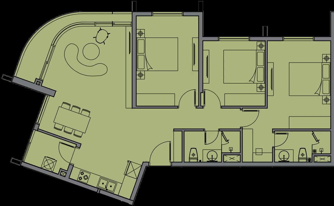 Layout căn D2 — 3 phòng ngủ đặc biệt, 104,4 m²