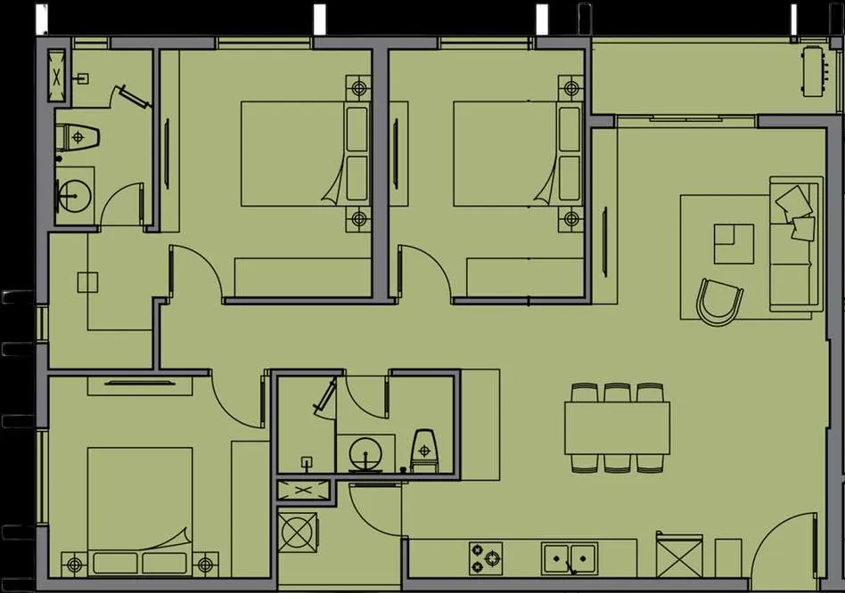 Layout căn D4 — 3 phòng ngủ, 104,0 m²
