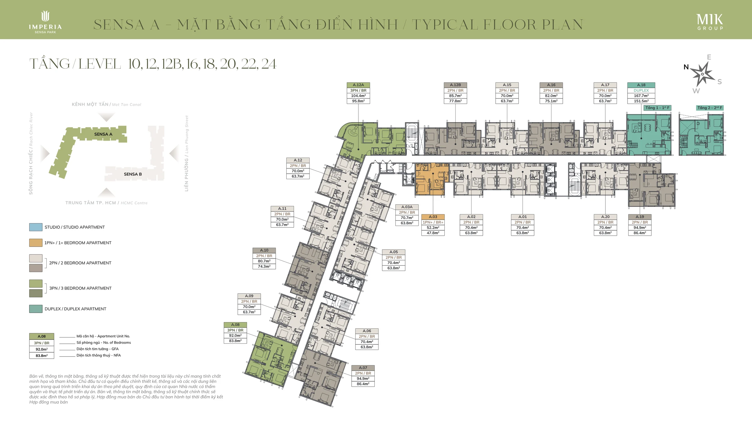 Mặt bằng tầng 10, 12, 12B, 16, 18, 20, 22, 24 tháp Sensa A — Imperia Sensa Park, thể hiện mã căn và diện tích từng căn hộ