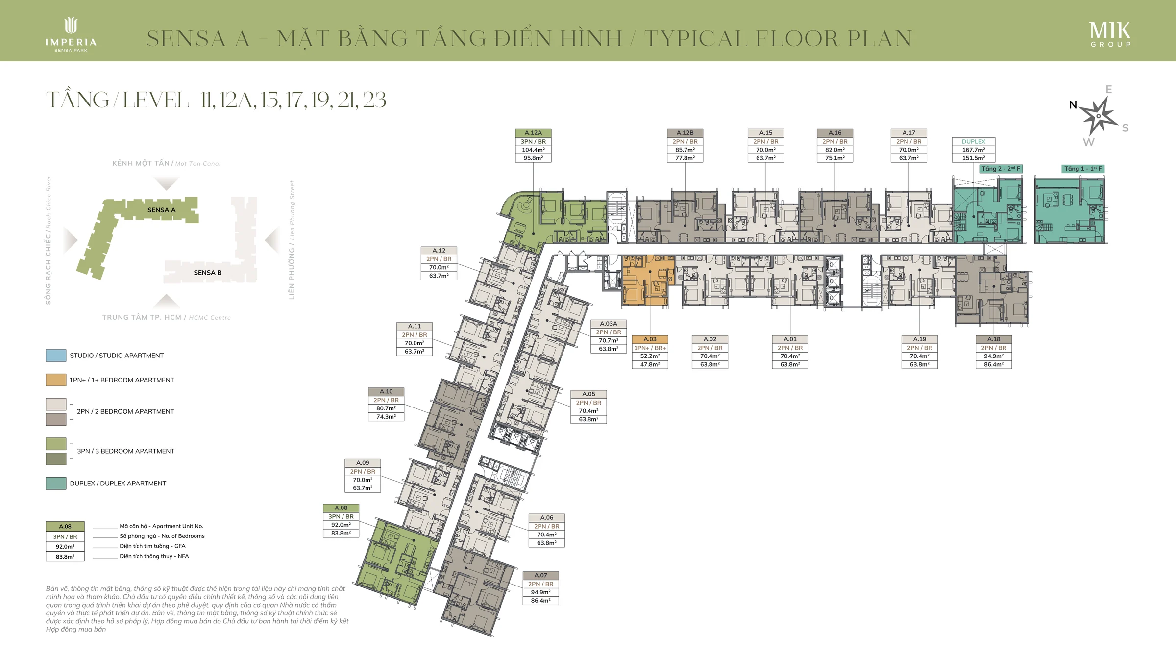 Mặt bằng tầng 11, 12A, 15, 17, 19, 21, 23 tháp Sensa A — Imperia Sensa Park, thể hiện mã căn và diện tích từng căn hộ