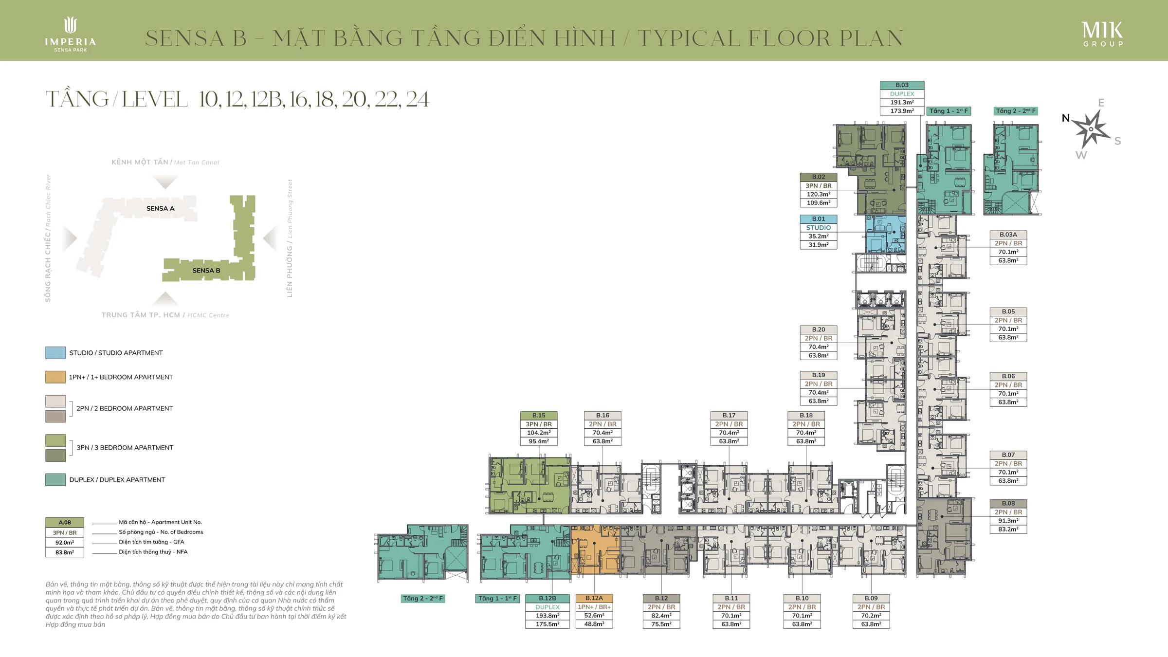 Mặt bằng tầng 10, 12, 12B, 16, 18, 20, 22, 24 tháp Sensa B — Imperia Sensa Park, thể hiện mã căn và diện tích từng căn hộ
