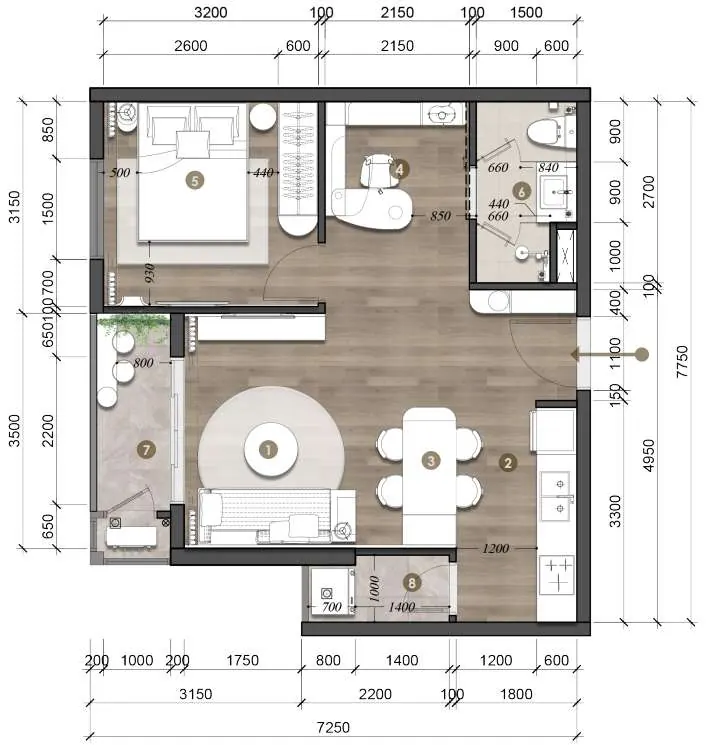 Sơ đồ so sánh chiều ngang căn 1 phòng ngủ 7,75m của dự án với mặt bằng 7,25m
