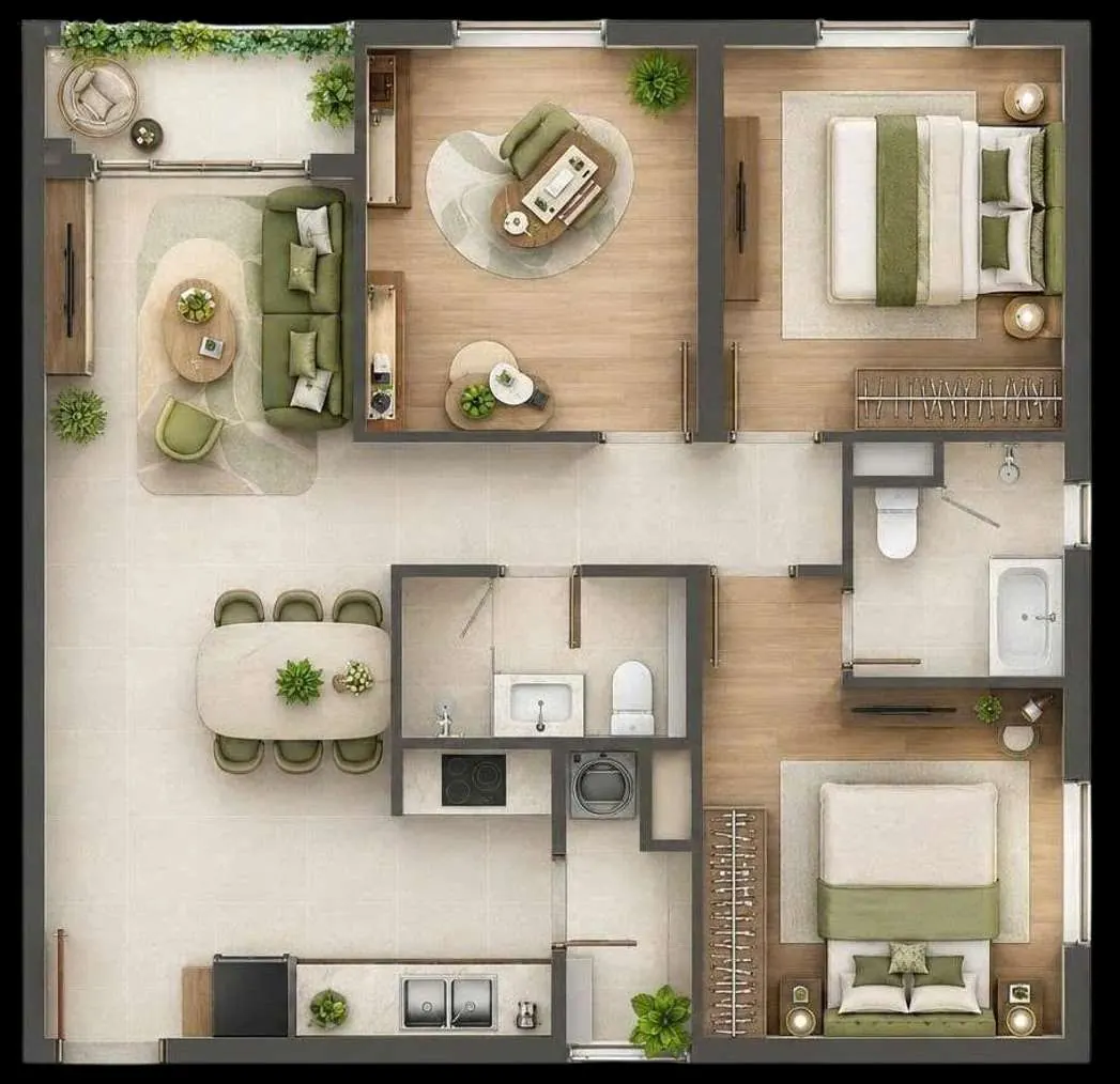 Sơ đồ mặt bằng căn hộ thể hiện luồng đối lưu không khí và hướng lấy sáng tự nhiên cho từng phòng