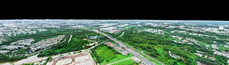 Panorama hướng Bắc – Đông Bắc: Sông Rạch Chiếc · Cầu Phú Hữu · Khu Công nghệ cao · Khu biệt thự